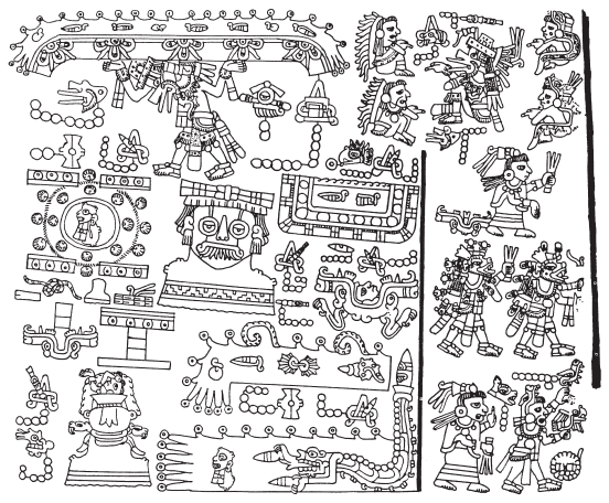 Image: 3.5. After having consulted with the Ancestors and the Nahuales, Lord 9 Wind ‘Quetzalcoatl’ carries the waters of Heaven to the Mountains of the Rain God, that is, Ñuu Dzaui. Notice (to the left) the symbol of the column rising from the open jaws of the alligator (Earth) into Heaven (Codex Yuta Tnoho, 47).