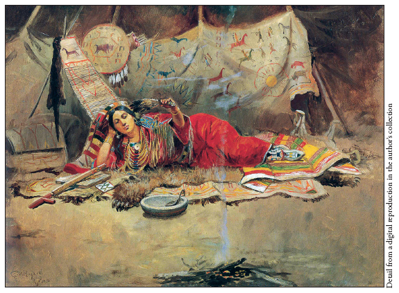 Image: Fig. 1-7. Charles M. Russell’s painting Keeoma (1896) playfully transforms a Middle Eastern odalisque into a Native American woman lounging in a Great Plains tepee.