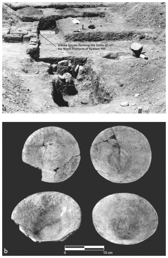 Image: 8.17. The House of Tomb 4, adobe blocks atop the patio floor, and G-35 bowls from Tomb 4