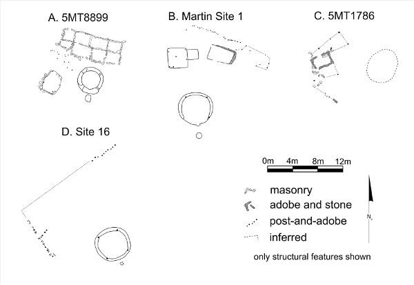 Black and white line drawings of four structures showing masonry, adobe, and post-and-adobe wall alignments and construction styles