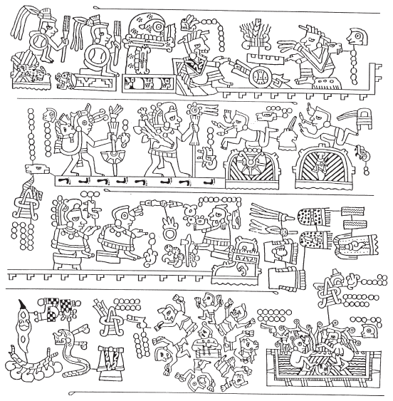 Image: 6.5a. Preparations for the marriage of Lady 6 Monkey, including the confrontation with the priests of Zaachila at Monte Albán (Codex Añute, 8).