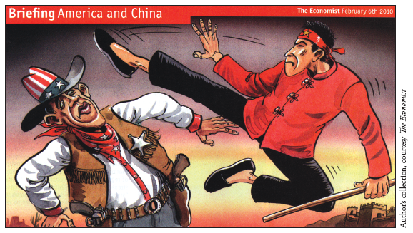 Image: Fig. 10-4. As a metaphor for the changing balance of power between the United States and China, a February 2010 cartoon in The Economist shows President Obama as a cowboy sheriff about to meet the wrath of a kickboxing Chinese warrior.