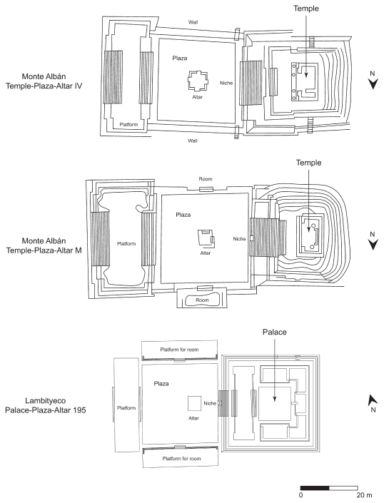 Image: 2.4. Xoo phase monumental architectural complexes at Monte Albán and Lambityeco (Temple-Plaza-Altar complexes at Monte Albán redrawn from Peeler 1994)