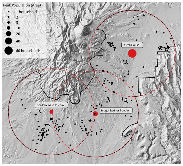 Black and white plan map of site locations and 7 kilometer radius around each center