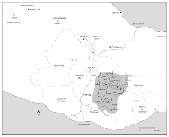 Image: 10.1. Possible limits of the Monte Albán Xoo phase state (gray area) and regions beyond the Valley of Oaxaca (thick black line)