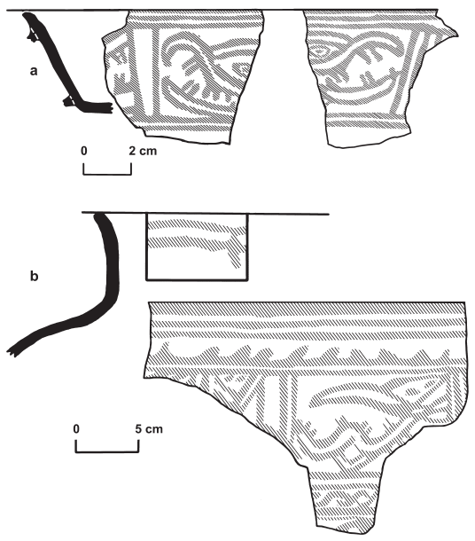 Image: FIGURE 8.2 Roble phase vessels with serpent motifs rendered in red on a white slip
