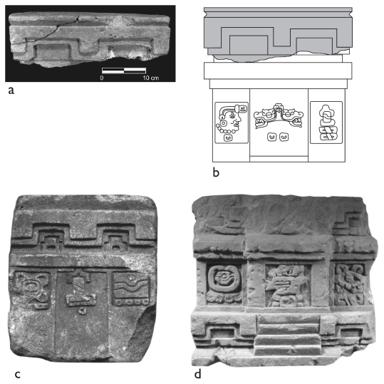 Image: 8.11. Fragment of a miniature stone replica of the Tomb 6 façade, its hypothetical reconstruction, and comparison with similar replicas