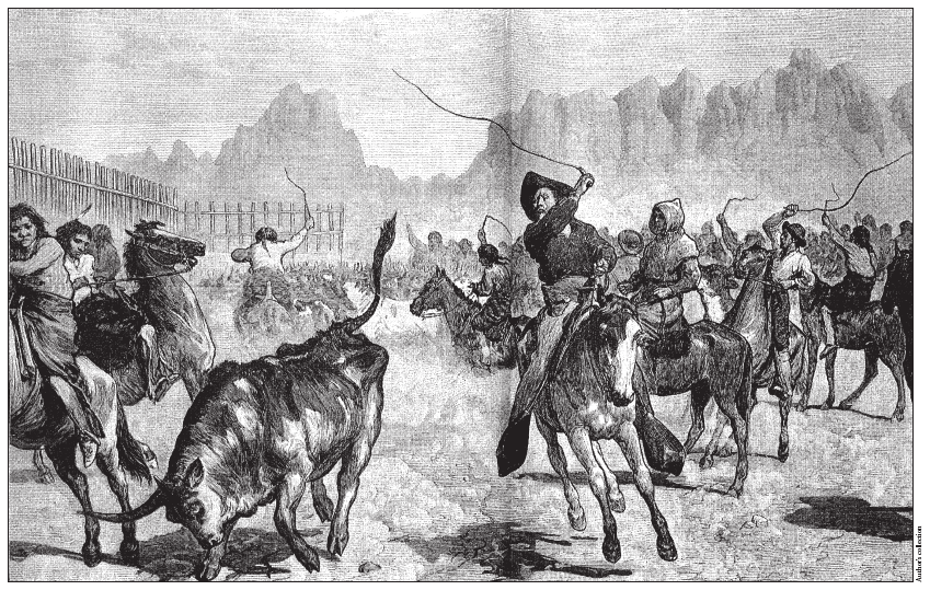 Image: Fig. 1-4. Containing elements that seem as southwestern Asian as western American, this wood engraving by W. J. Palmer titled Driving Cattle into a Corral in the Far West appeared in Harper’s Weekly in September, 1875.