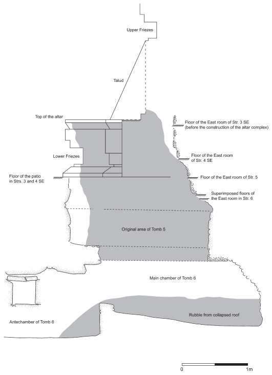 Image: 7.1. Profile of the hole dug through the altar, Tomb 5, and the roof of the main chamber of Tomb 6