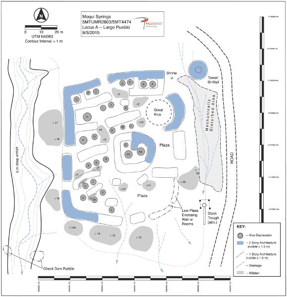 Black and white plan map of Moqui Springs Pueblo, Locus A