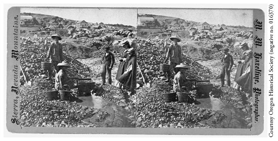 Image: Fig. 5-1. In this pair of nineteenth-century stereopticon photographs juxtaposing work and leisure, tourists observe Chinese miners reworking a played out placer mine in Northern California.