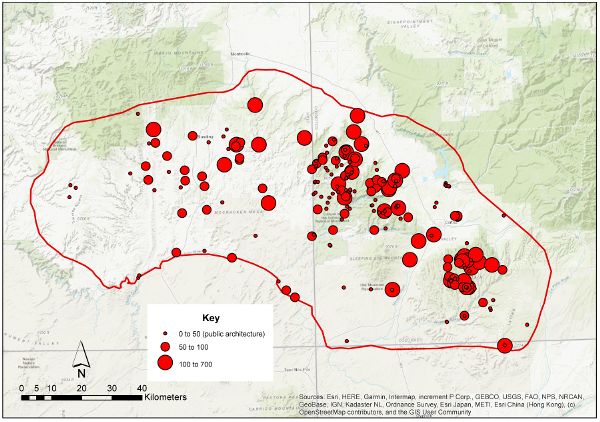 Study area in southwest Colorado and southeast Utah, and distribution of late centers in AD 900-1280, with centers concentrated in southwest Colorado