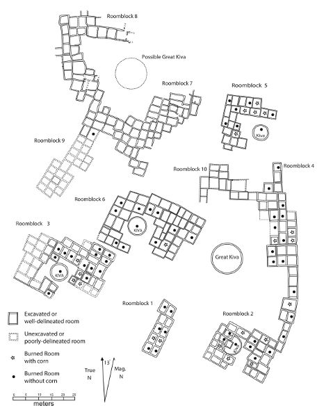 Black and white plan map of Pot Creek Pueblo