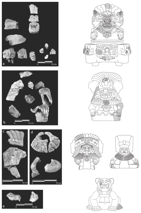 Image: 7.9. Ceramic effigy fragments from the fill in front of Tomb 6 and their hypothetical reconstruction