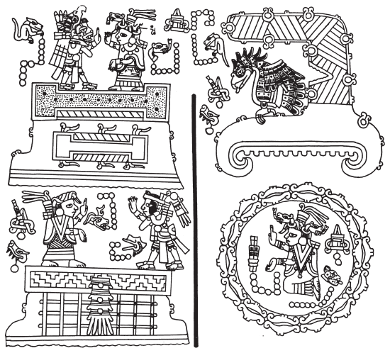 Image: 5.17. Neighboring towns of the Mixteca Baja: Ñuu Dzaui (Huajuapan), Toavui (Chila), Yuhua Cuchi (Guaxolotitlan), and Ñuu Niñe (Tonalá) (Codex Yuta Tnoho, 3).