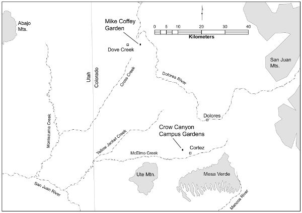 A map of the Mesa Verde region in the Four Corners showing the location of the Pueblo Farming Project gardens