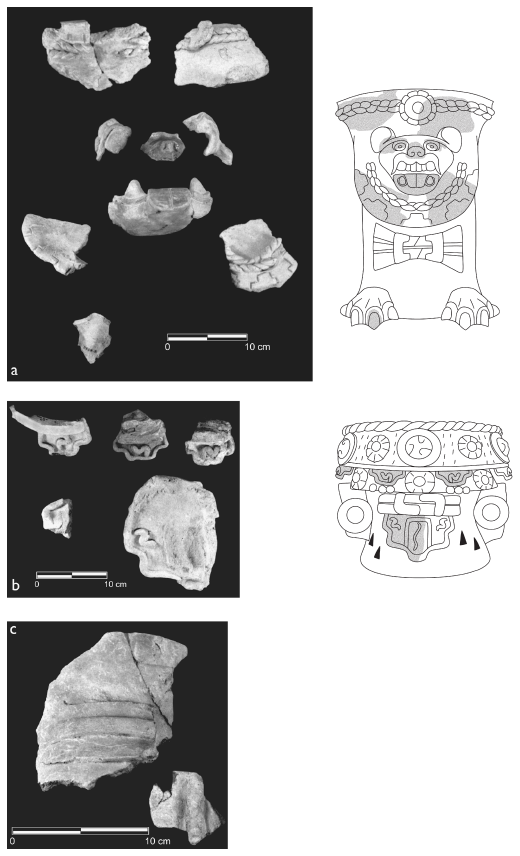 Image: 7.17. Brazier fragments from the fill in front of Tomb 6 and their hypothetical reconstruction