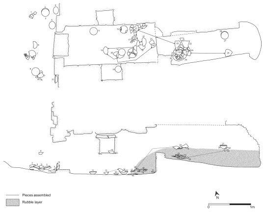 Image: 7.13. Plan and profile of the distribution of G-35 and K-14 bowls in Tomb 6