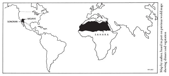 Image: Fig. 1-1. A map showing the Sahara Desert and the only deserts in the United States (Mojave and Sonoran) having roughly comparable climates.