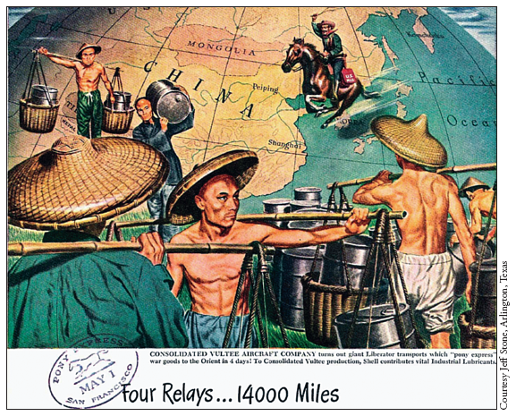 Image: Fig. 10-1. A 1945 Shell Oil Company advertisement in U. S. News & World Report uses the frontier metaphor of the Pony Express relay to “westernize” the Orient.