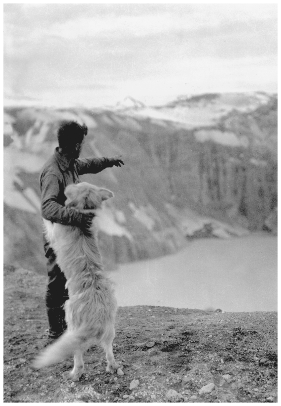 Image: Father Bernard Hubbard and dog at Katmai Crater, 1929. Hubbard coll. VTS 29-03, Santa Clara University Archives. Hubbard, the “glacier priest,” compiled the first moving picture record of Katmai National Monument.