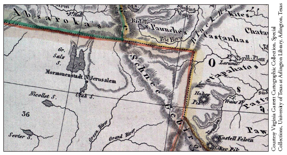 Image: Fig. 3-2. In this detail from F. W. Streit’s map titled Die Vereinigten Staaten von Nord-Amerika (Leipzig, 1851), Mormonstadt, the “Mormon City” (Salt Lake City), is also called “New Jerusalem.”