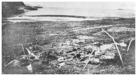 Image: Remains of villagers starved at St. Lawrence Island, early 1880s. In Michael A. Healy, Report of the Cruise of the Revenue Steamer Corwin in the Arctic Ocean in the Year 1884, Washington, DC: GPO, 1889, p. 13. A combination of unfavorable weather and depletion of sea mammals visited ruin on island residents.