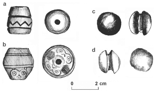 Image: FIGURE 7.2 Sample of ceramic spindle whorls and grooved fired clay spheres from Roble phase Naco valley contexts
