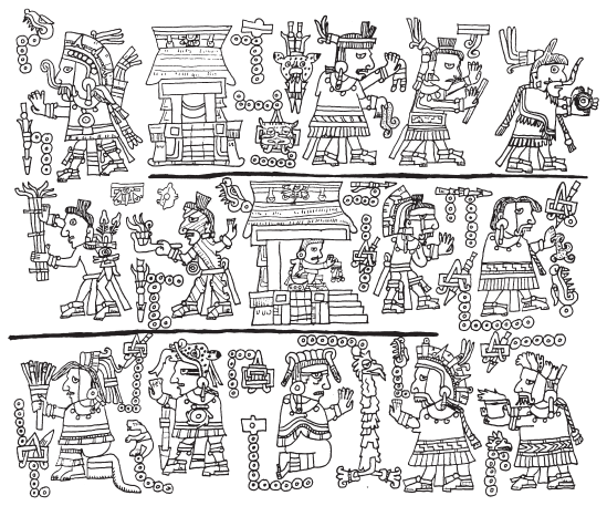 Image: 5.13b. Priestly functions and marriage of Lord 5 Alligator (Codex Yuta Tnoho, verso, V; reading boustrophedon, starts at upper right-hand corner). Notice the year 13 Owl.