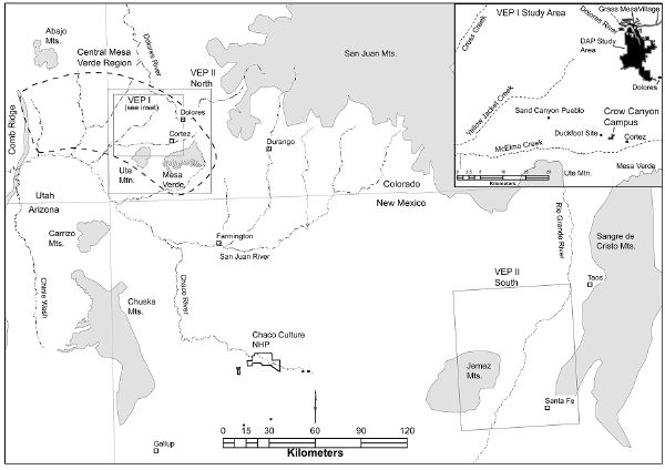 Central Mesa Verde region, location of sites mentioned, and the V-E-P 1 and V-E-P 2 study areas