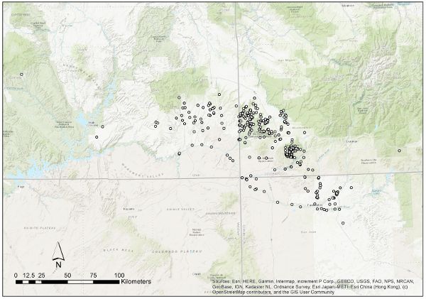 A topographic map showing the distribution of all of the community centers in the current database