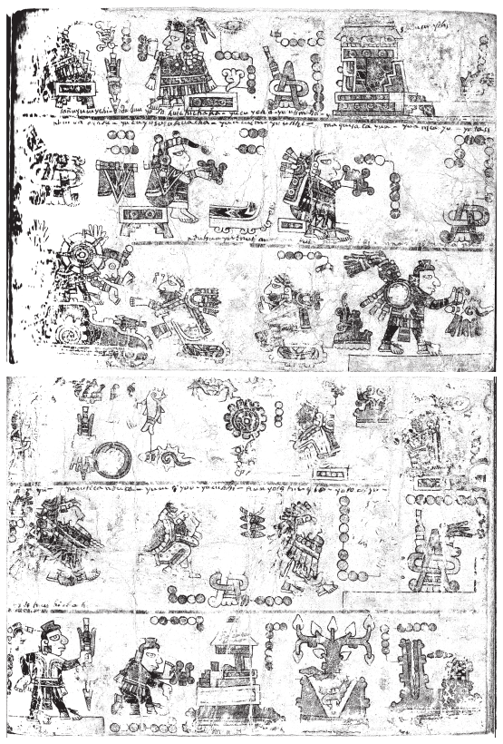 Image: 6.3a, b. Lady 6 Monkey, Lord 8 Deer, and several priests visiting the Temple of Death: (1) above, Codex Iya Nacuaa I, 3; (2) below, Codex Iya Nacuaa I, 4.