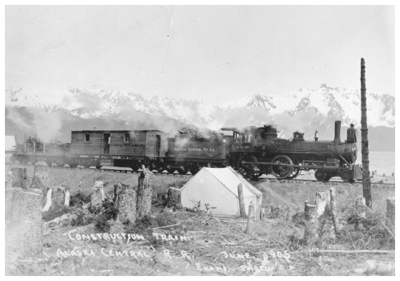 Image: Construction train of Alaska Central Railroad, north of Seward, June 1905. Alaska files 11704, University of Washington Archives. The railroad project failed, but its publicly funded successor opened interior Alaska to land travel. Hunting to feed railroad crews put pressure on Kenai Peninsula wildlife stocks.