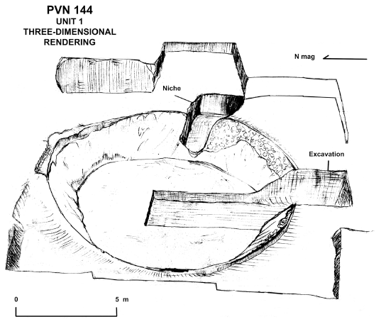 Image: FIGURE 4.7 Structure 144-5, three-dimensional rendering of the Unit 1 basin. The trench dug through the basin’s east wall and floor is shown here (original drawing by Heather Ogston).