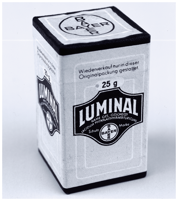 Image: A canister of the sedative luminal, used in overdoses by T-4 medical personnel to cause the deaths of handicapped children during the children’s euthanasia program. Luminal was sometimes mixed with veronal as a lethal cocktail and administered through injections or in tablet or liquid form. Courtesy Bayer-Archiv, Leverkusen