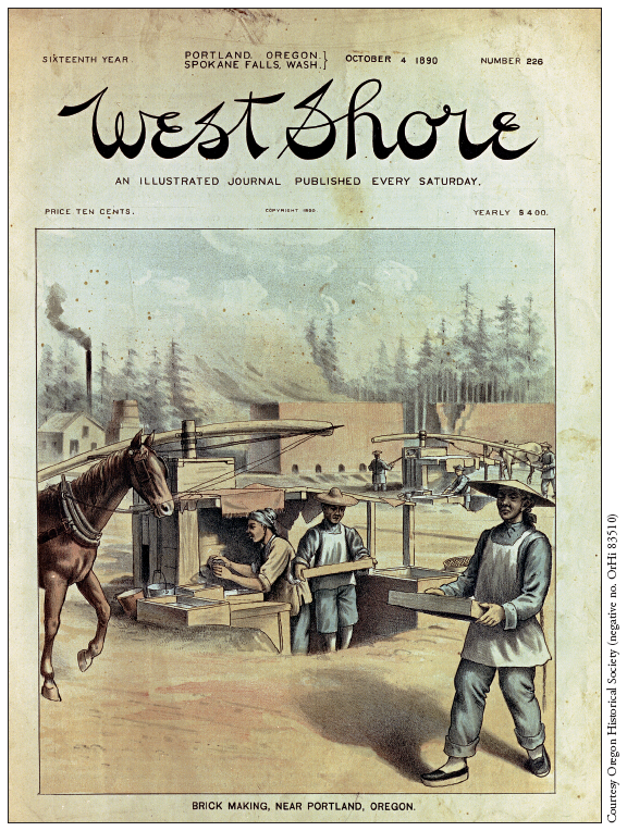 Image: Fig. 7-1. The presence of Chinese workers in this cover illustration from West Shore Magazine, 1890, gives an Asian feel to a brickyard near Portland, Oregon.