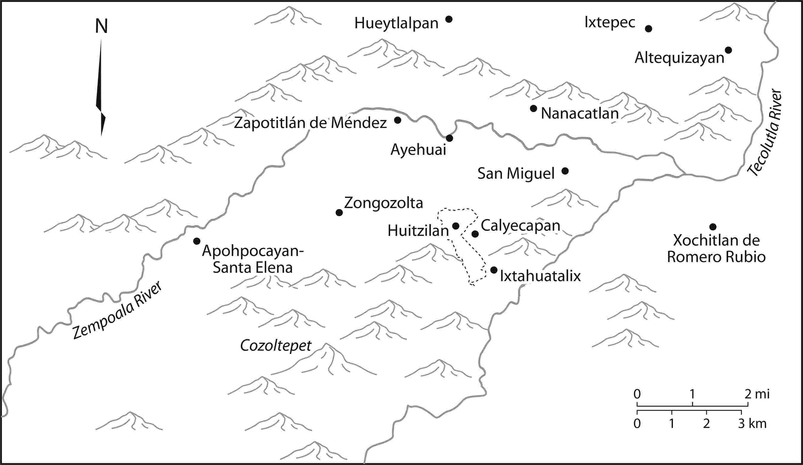 Figure 11.1.  The location of Apohpocayan (Santa Elena), Ayehual and Cozoltepet relative to Calyecapan and Ixtahuatalix in Huitzilan.