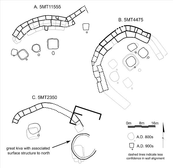 Black and gray line drawings of three structures showing wall alignments and sequences of construction