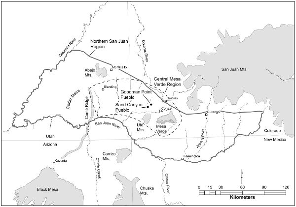 Boundary of Northern San Juan and Central Mesa Verde regions, with locations of Goodman Point and Sand Canyon Pueblos indicated near center of the regions