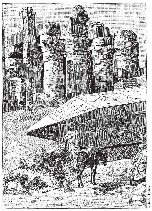 Image: Fig. 1-3b. An illustration from J. W. Dawson’s Modern Science in Bible Lands (1889) shows the “Apex of the great prostrate obelisk of Queen Hatasu of Karnak . . . [and] . . . the ruins of a temple of Nubian sandstone.”