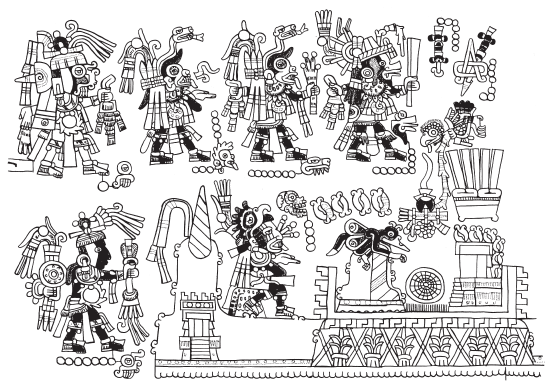 Image: 3.17c. The four priests participate in the foundation ritual of Spiderweb Place, that is, Andua in the Valley of Yanhuitlan (Codex Tonindeye, 38).