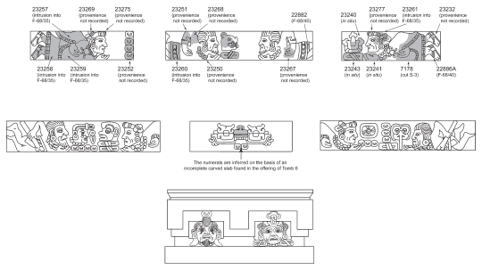 Image: 6.12. In situ and loose fragments of the stucco figures upon which the hypothetical reconstruction of the friezes is based