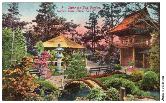 Image: Fig. 5-6. A beautifully colored postcard from the 1915 Panama Pacific International Exposition provides an ethereal view of the “Japanese Tea Garden, Golden Gate Park, San Francisco.”