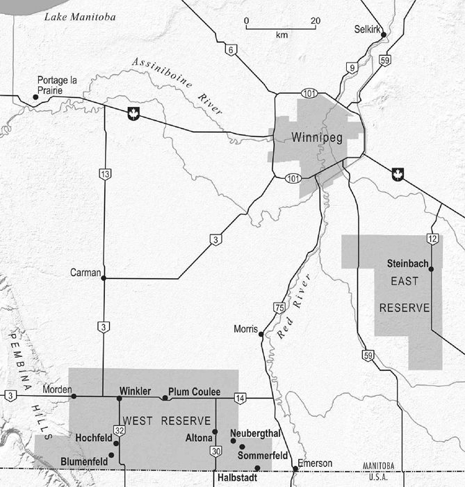 Map of portion of Manitoba showing East and West Reserves of Mennonite settlement.