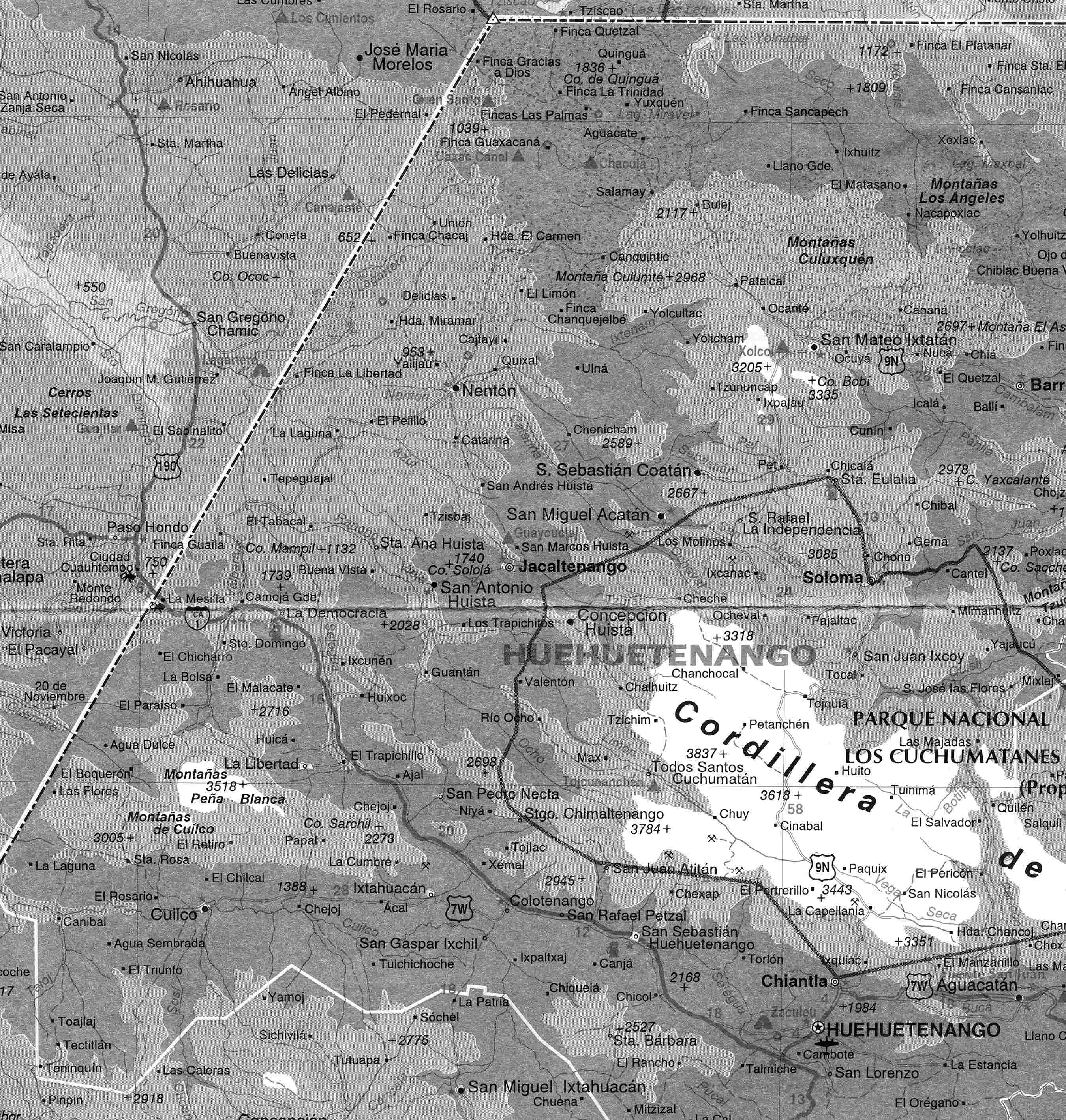 Figure 1.1. Western parts of the Departamento de Huehuetenango, Guatemala, bordering the Mexican state of Chiapas. After Traveller’s Reference Map of Guatemala and El Salvador. International Map Productions, Vancouver, BC, Canada. ISBN 0-921463-64-2.