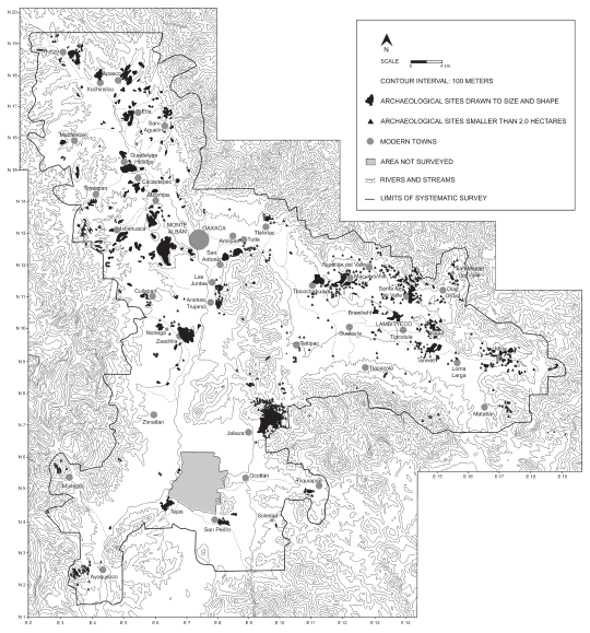 Image: 2.2. Xoo phase settlements in the Valley of Oaxaca (redrawn and modified from Kowalewski et al. 1989:maps 6 and 7)